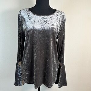 Gray Crushed Velvet Bell Sleeve Blouse Top Medium Tie Back Boho Luxe Goth
